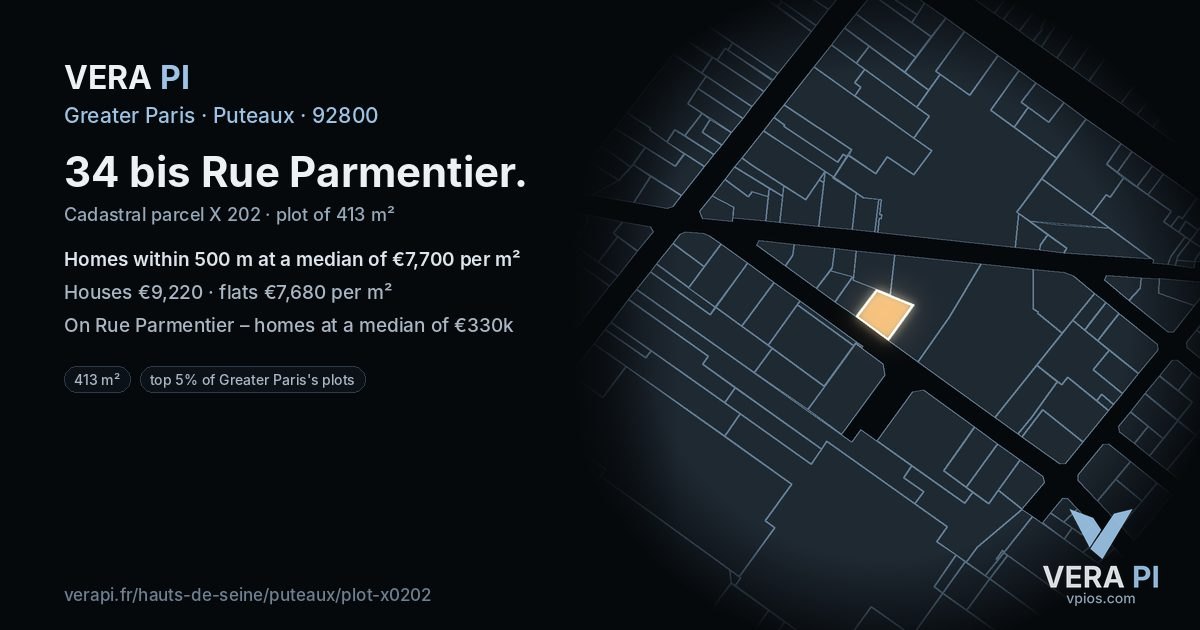 34 bis Rue Parmentier, Puteaux at night – the plot lit, the parcels around coloured by the prices near them