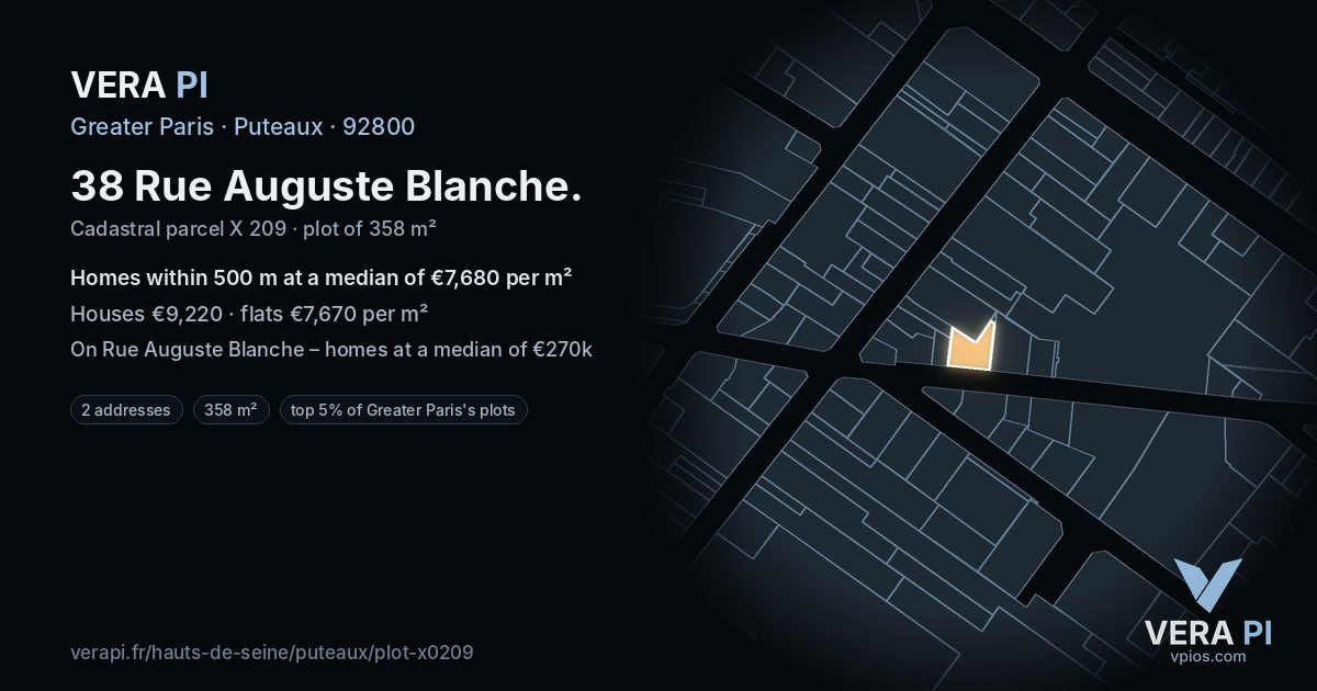 38 Rue Auguste Blanche, Puteaux at night – the plot lit, the parcels around coloured by the prices near them