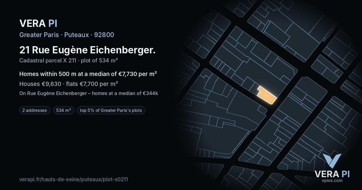 21 Rue Eugène Eichenberger, Puteaux at night – the plot lit, the parcels around coloured by the prices near them
