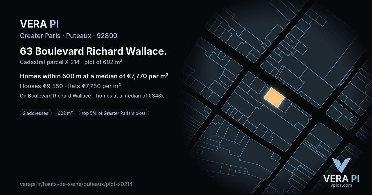 63 Boulevard Richard Wallace, Puteaux at night – the plot lit, the parcels around coloured by the prices near them