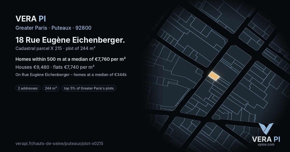 18 Rue Eugène Eichenberger, Puteaux at night – the plot lit, the parcels around coloured by the prices near them
