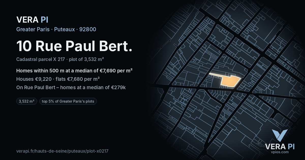 10 Rue Paul Bert, Puteaux at night – the plot lit, the parcels around coloured by the prices near them