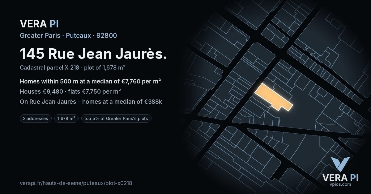 145 Rue Jean Jaurès, Puteaux at night – the plot lit, the parcels around coloured by the prices near them