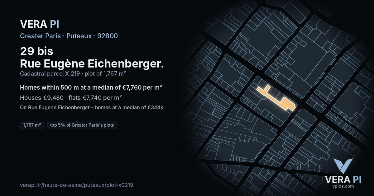 29 bis Rue Eugène Eichenberger, Puteaux at night – the plot lit, the parcels around coloured by the prices near them
