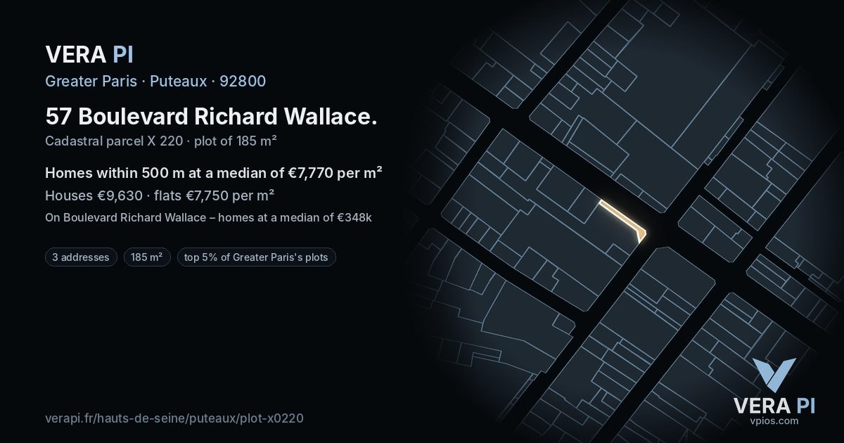 57 Boulevard Richard Wallace, Puteaux at night – the plot lit, the parcels around coloured by the prices near them