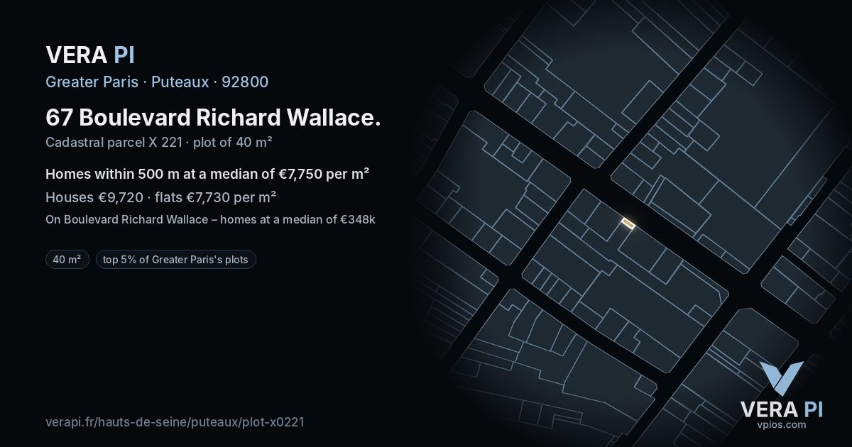 67 Boulevard Richard Wallace, Puteaux at night – the plot lit, the parcels around coloured by the prices near them