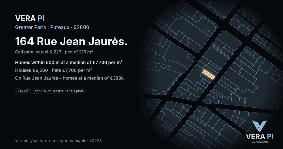 164 Rue Jean Jaurès, Puteaux at night – the plot lit, the parcels around coloured by the prices near them