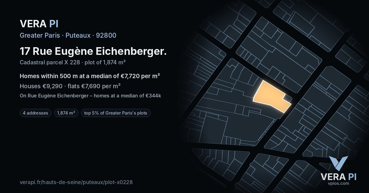 17 Rue Eugène Eichenberger, Puteaux at night – the plot lit, the parcels around coloured by the prices near them