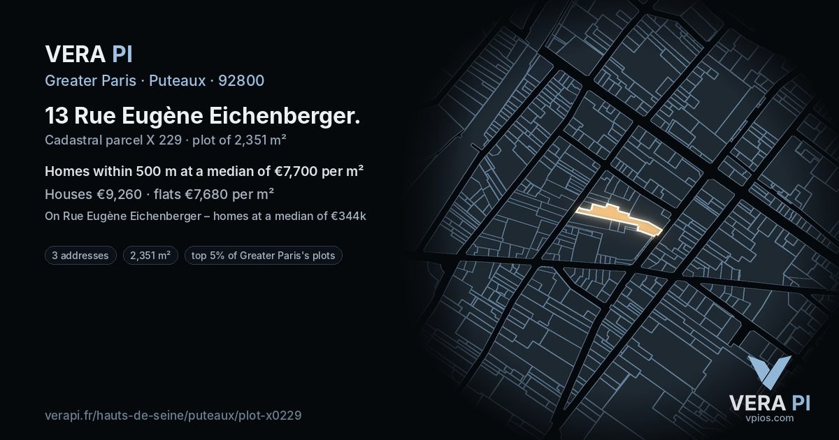 13 Rue Eugène Eichenberger, Puteaux at night – the plot lit, the parcels around coloured by the prices near them