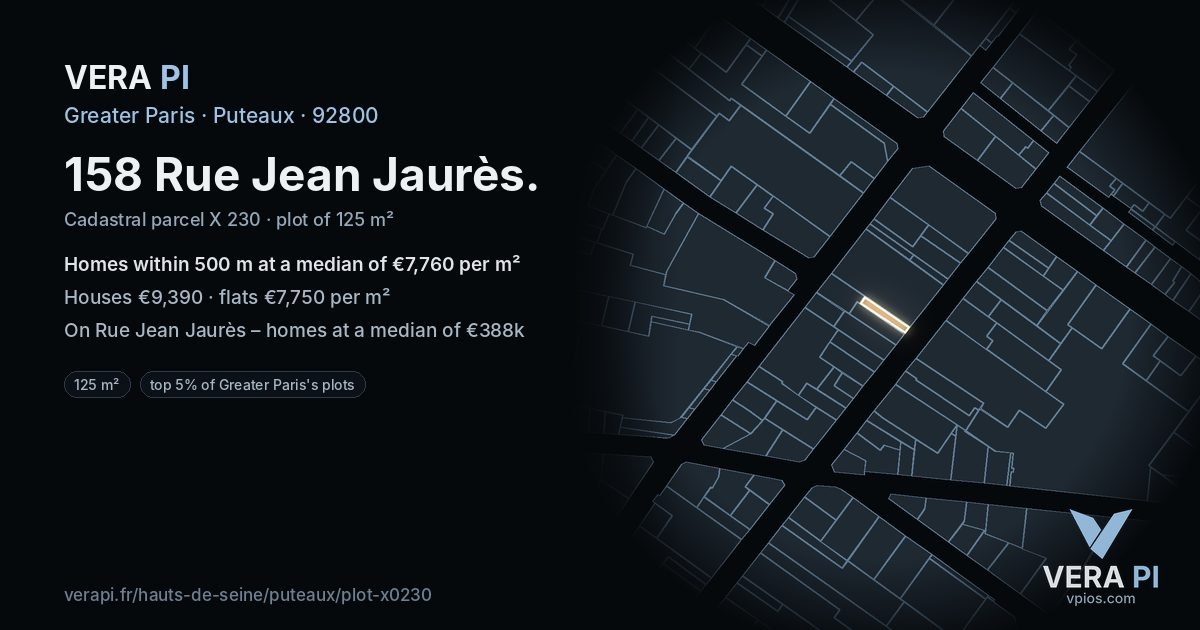 158 Rue Jean Jaurès, Puteaux at night – the plot lit, the parcels around coloured by the prices near them