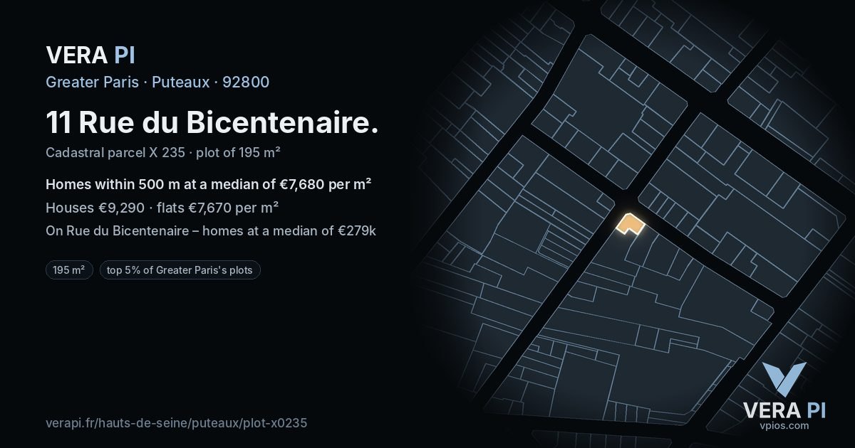 11 Rue du Bicentenaire, Puteaux at night – the plot lit, the parcels around coloured by the prices near them