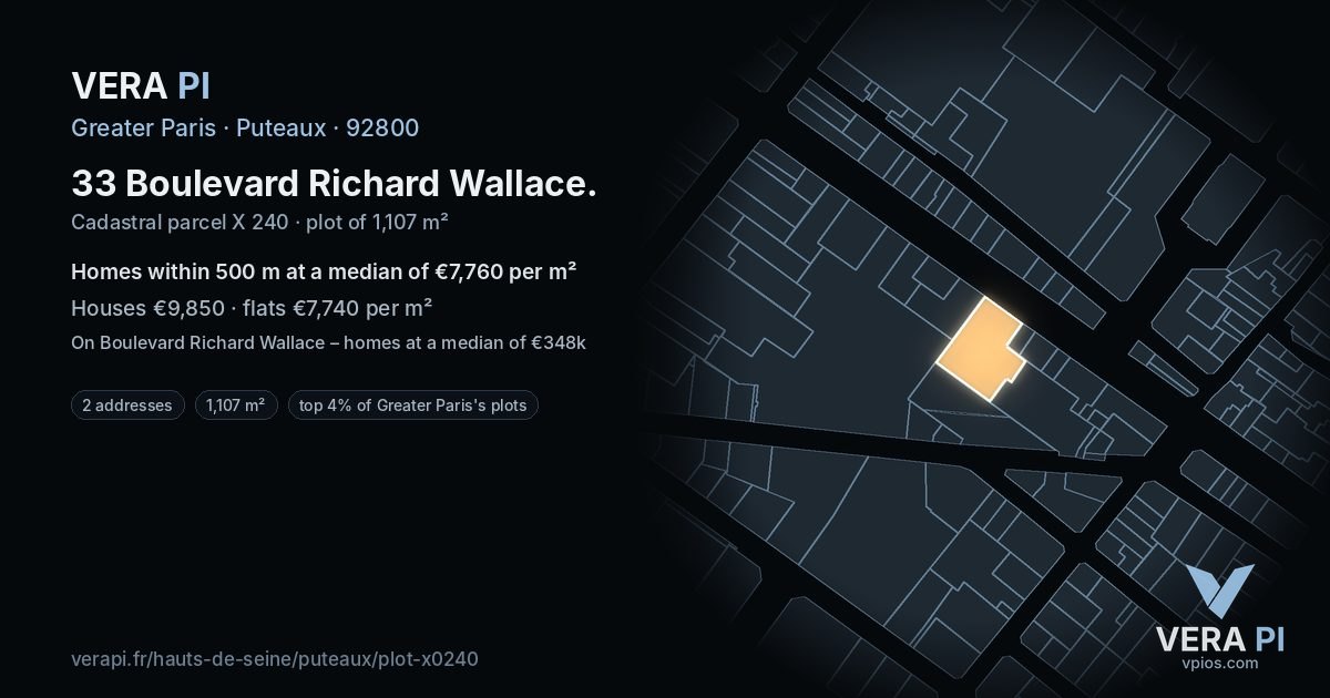 33 Boulevard Richard Wallace, Puteaux at night – the plot lit, the parcels around coloured by the prices near them