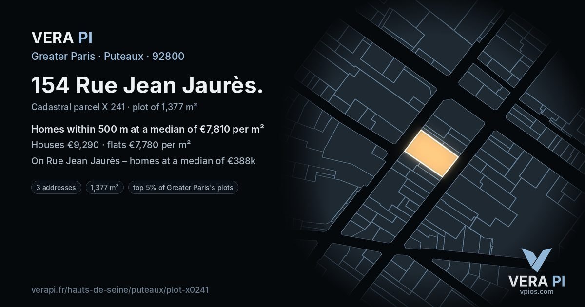 154 Rue Jean Jaurès, Puteaux at night – the plot lit, the parcels around coloured by the prices near them