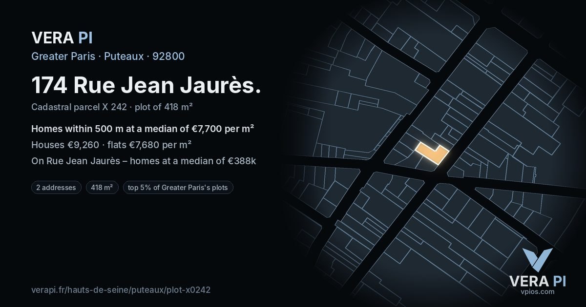 174 Rue Jean Jaurès, Puteaux at night – the plot lit, the parcels around coloured by the prices near them