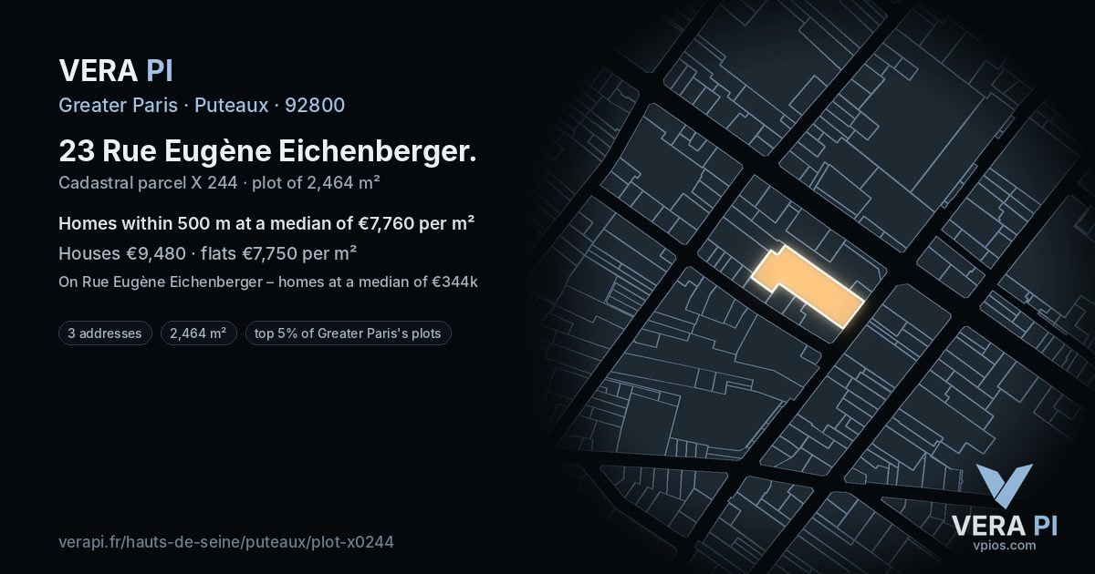 23 Rue Eugène Eichenberger, Puteaux at night – the plot lit, the parcels around coloured by the prices near them