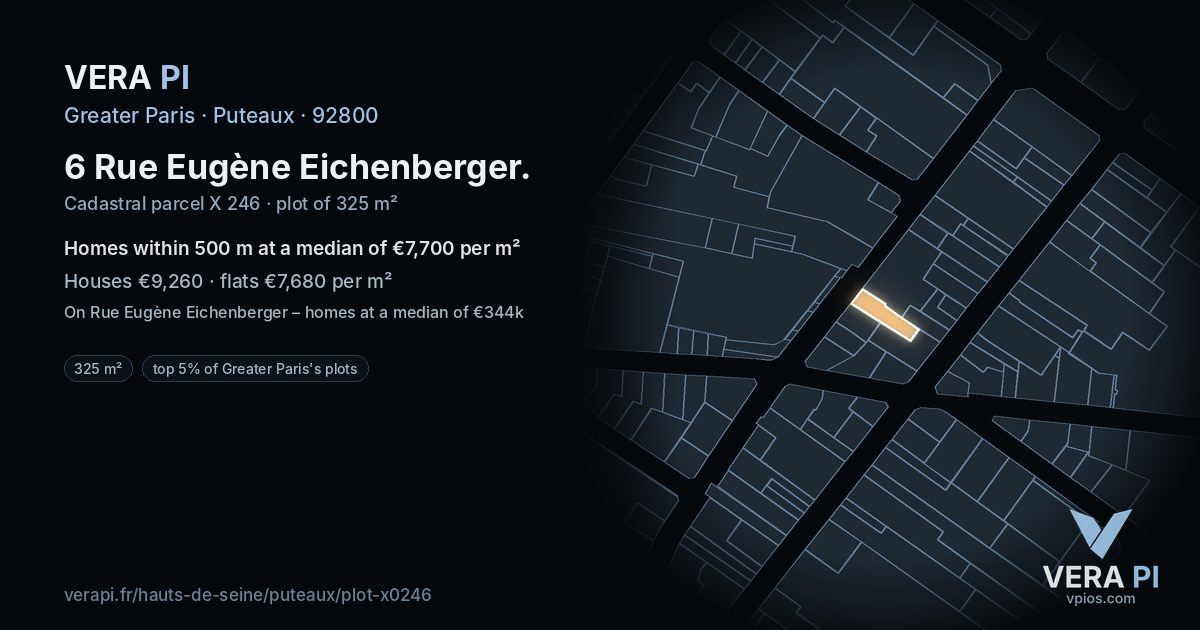6 Rue Eugène Eichenberger, Puteaux at night – the plot lit, the parcels around coloured by the prices near them