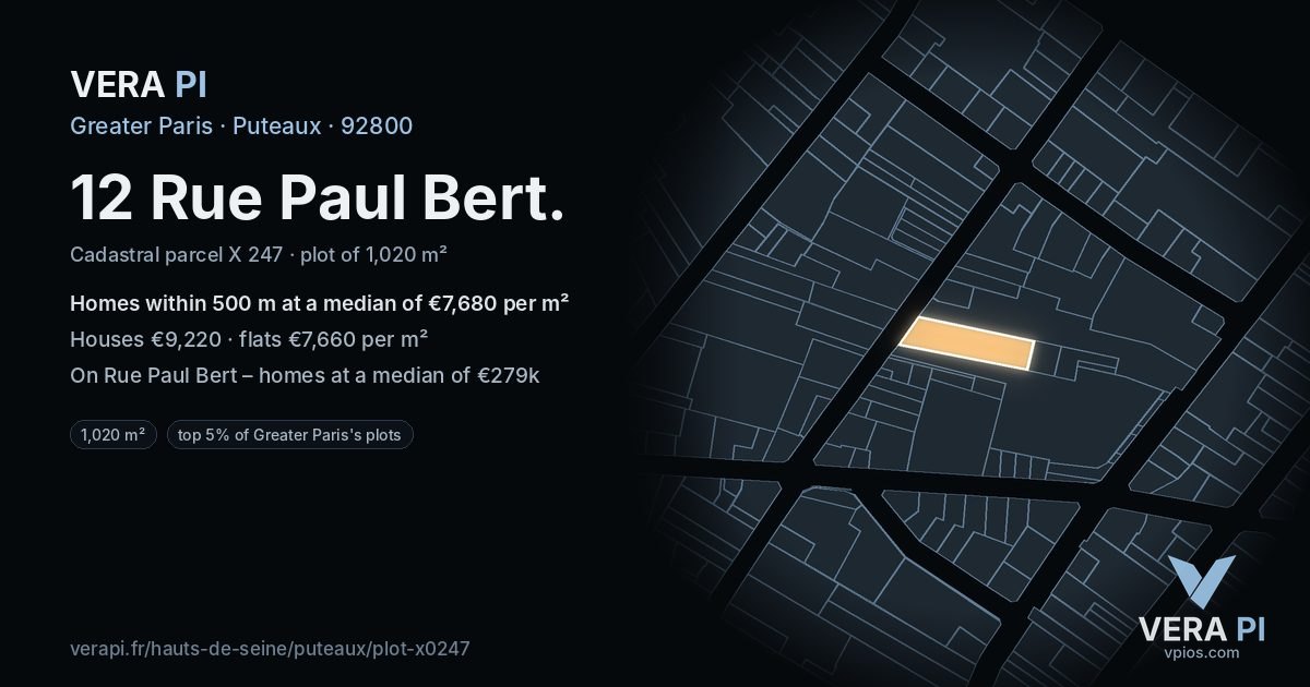 12 Rue Paul Bert, Puteaux at night – the plot lit, the parcels around coloured by the prices near them