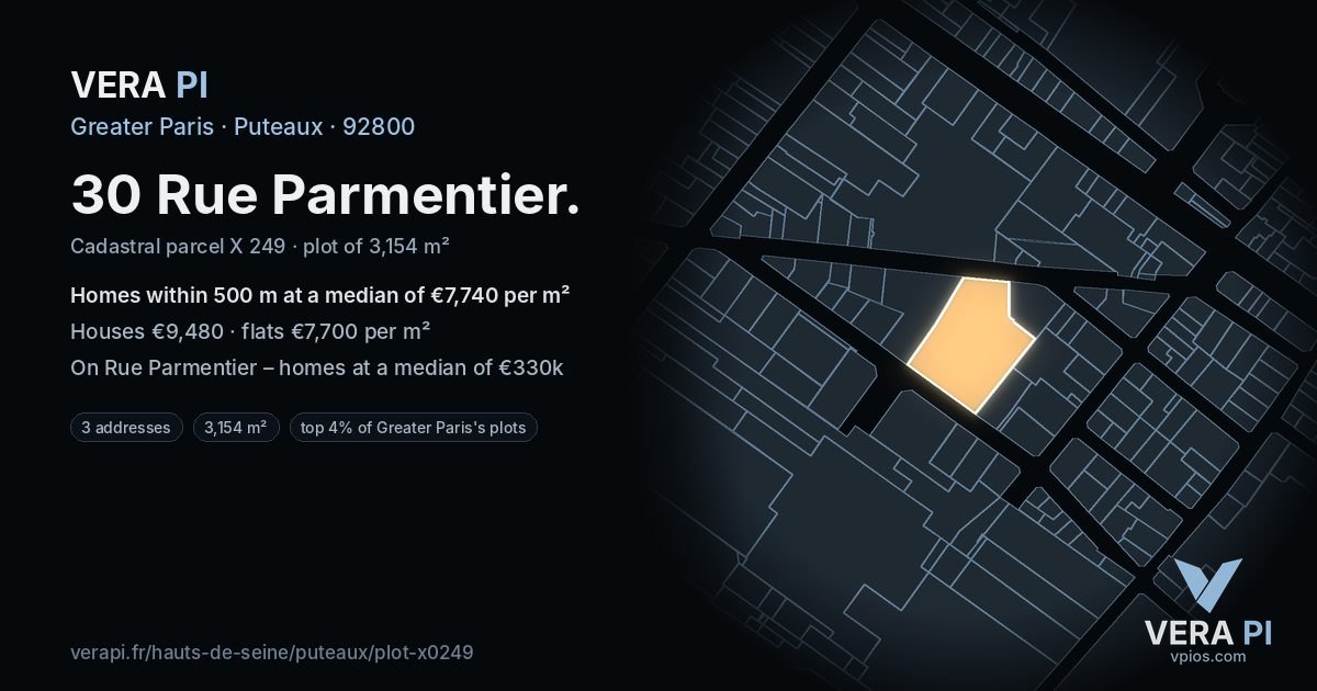 30 Rue Parmentier, Puteaux at night – the plot lit, the parcels around coloured by the prices near them