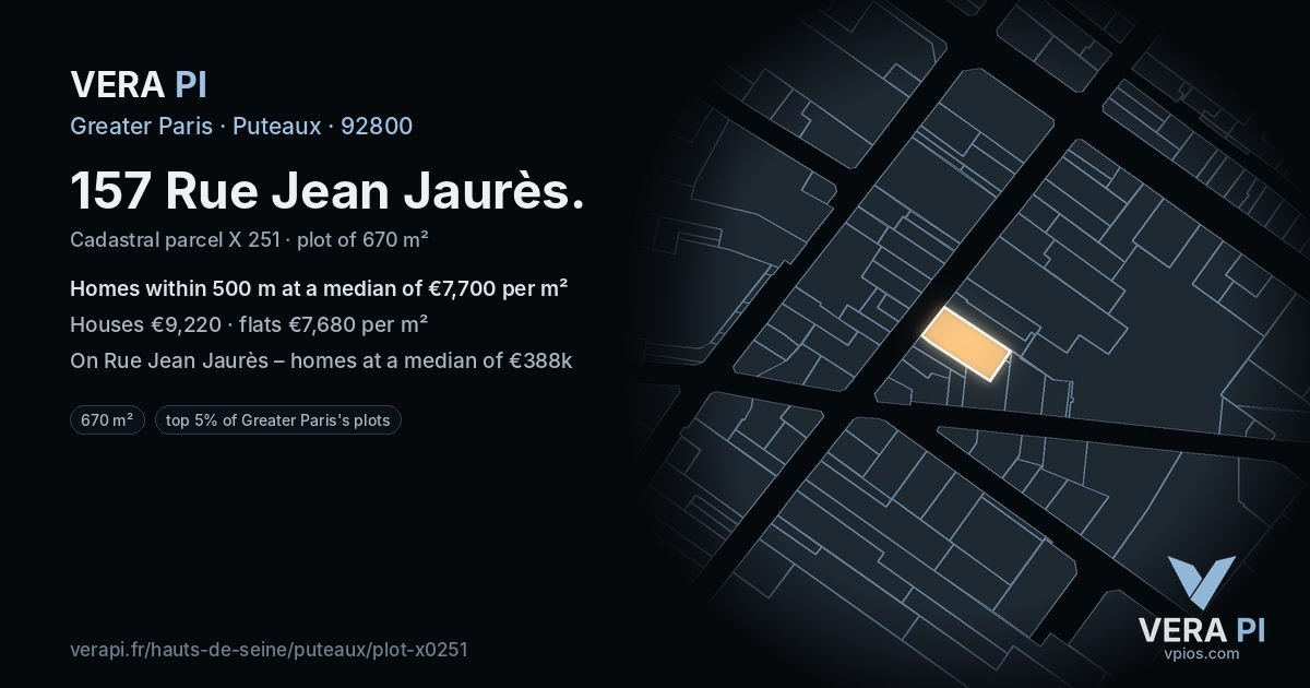 157 Rue Jean Jaurès, Puteaux at night – the plot lit, the parcels around coloured by the prices near them