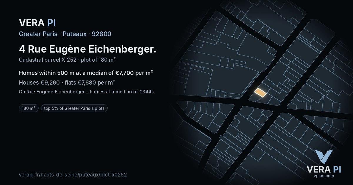 4 Rue Eugène Eichenberger, Puteaux at night – the plot lit, the parcels around coloured by the prices near them