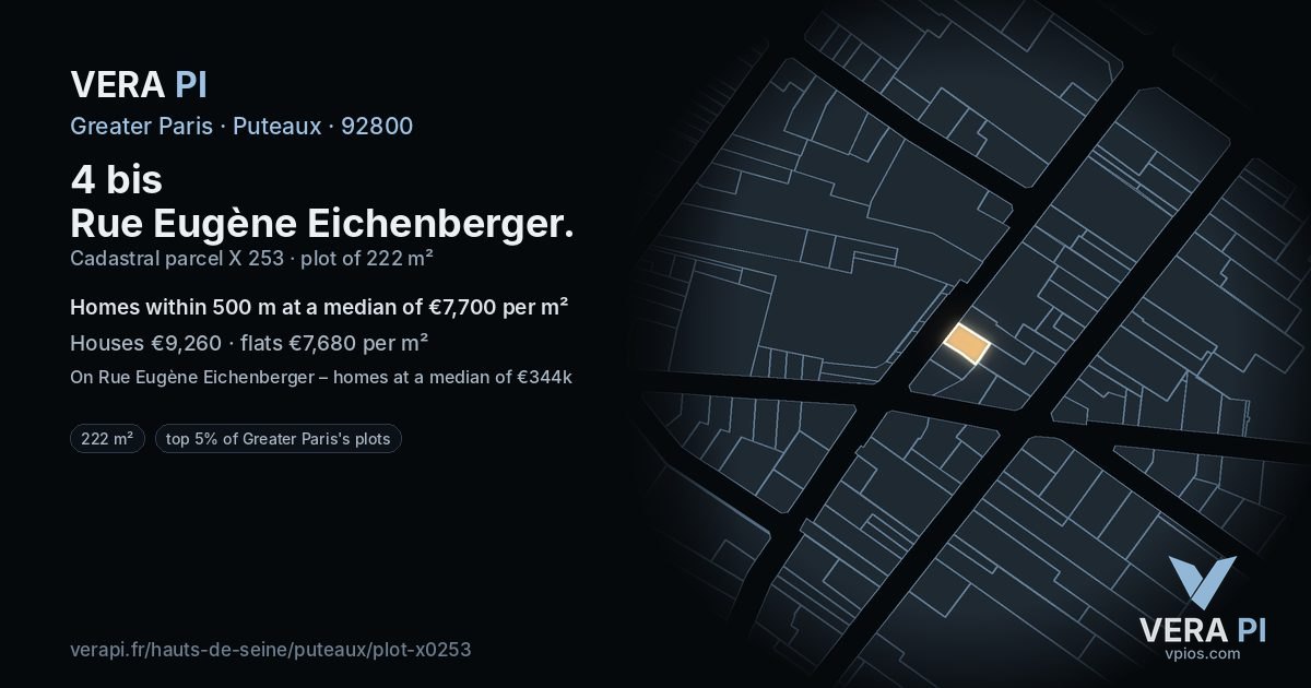 4 bis Rue Eugène Eichenberger, Puteaux at night – the plot lit, the parcels around coloured by the prices near them