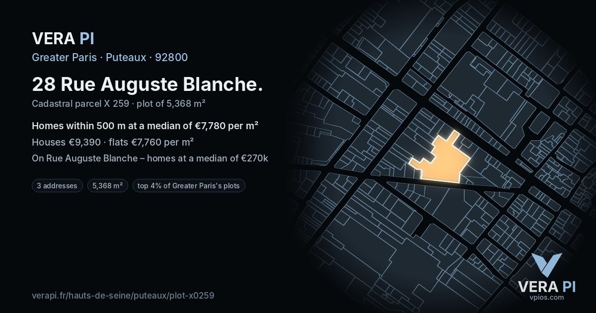 28 Rue Auguste Blanche, Puteaux at night – the plot lit, the parcels around coloured by the prices near them