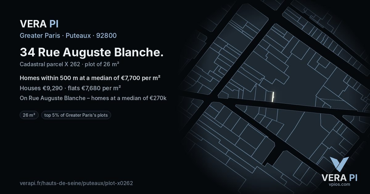 34 Rue Auguste Blanche, Puteaux at night – the plot lit, the parcels around coloured by the prices near them