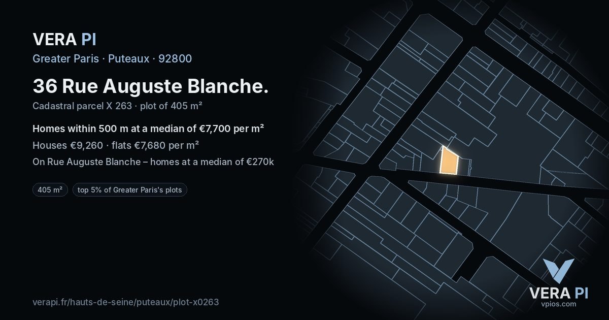 36 Rue Auguste Blanche, Puteaux at night – the plot lit, the parcels around coloured by the prices near them