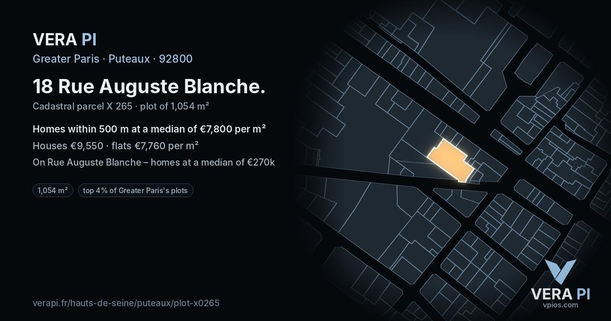 18 Rue Auguste Blanche, Puteaux at night – the plot lit, the parcels around coloured by the prices near them
