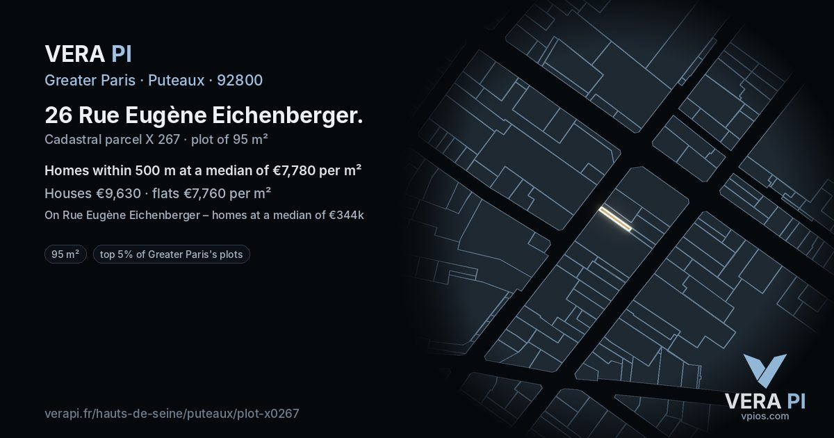 26 Rue Eugène Eichenberger, Puteaux at night – the plot lit, the parcels around coloured by the prices near them