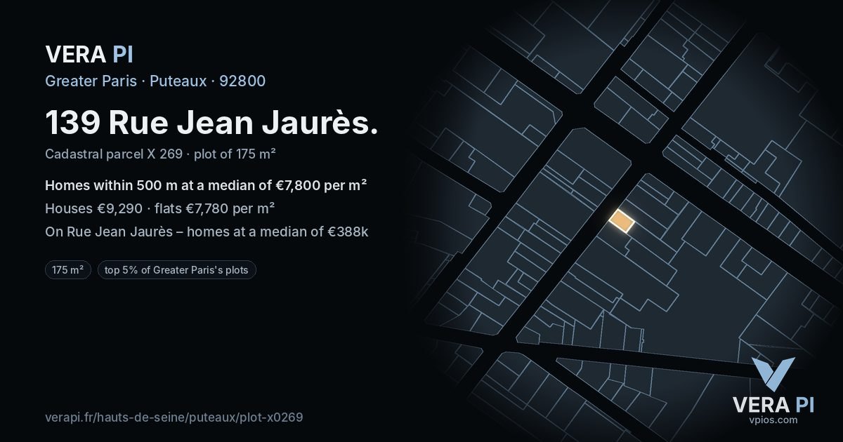 139 Rue Jean Jaurès, Puteaux at night – the plot lit, the parcels around coloured by the prices near them