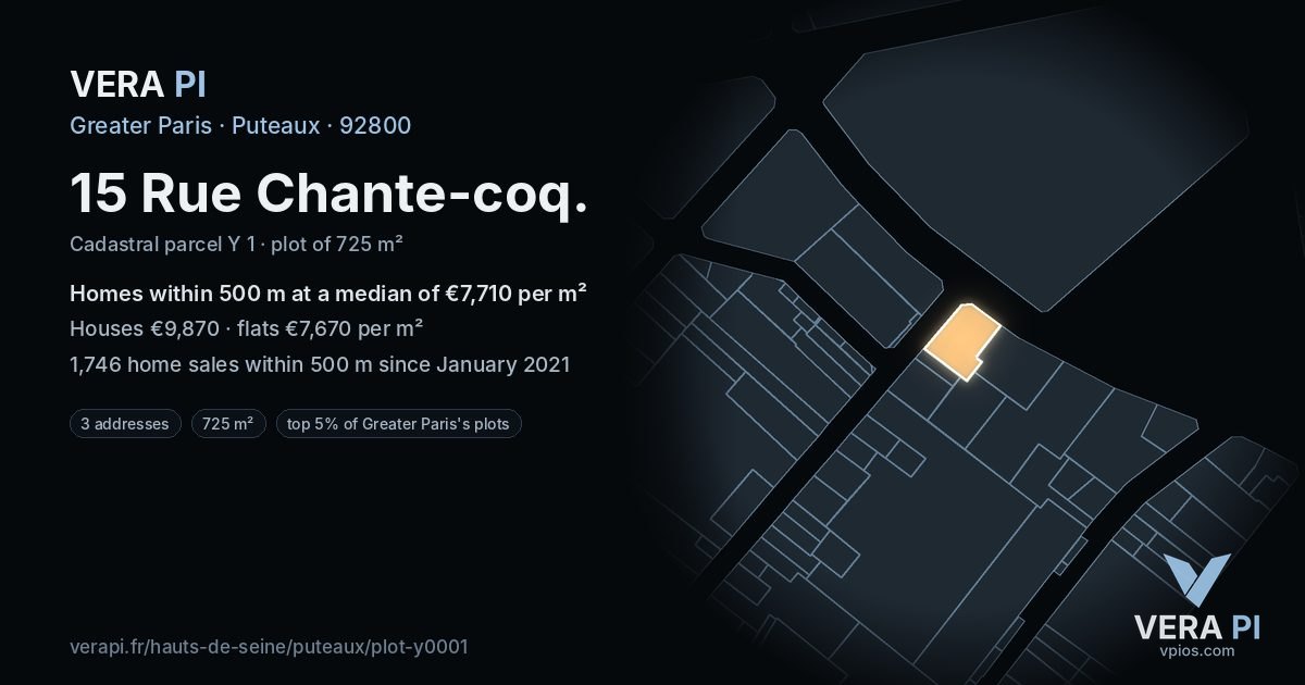 15 Rue Chante-coq, Puteaux at night – the plot lit, the parcels around coloured by the prices near them