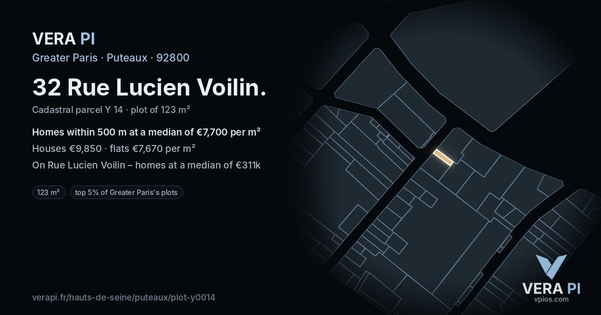 32 Rue Lucien Voilin, Puteaux at night – the plot lit, the parcels around coloured by the prices near them