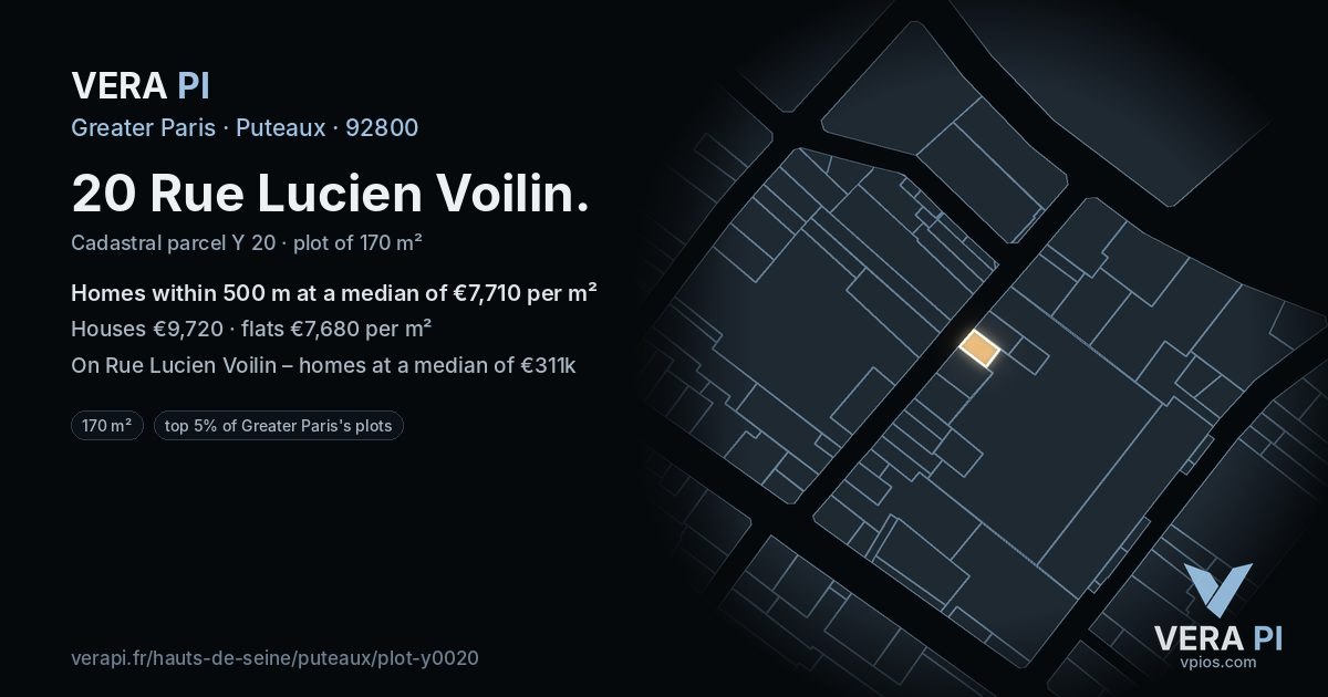 20 Rue Lucien Voilin, Puteaux at night – the plot lit, the parcels around coloured by the prices near them