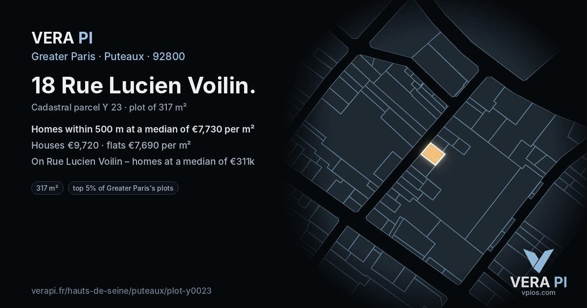 18 Rue Lucien Voilin, Puteaux at night – the plot lit, the parcels around coloured by the prices near them