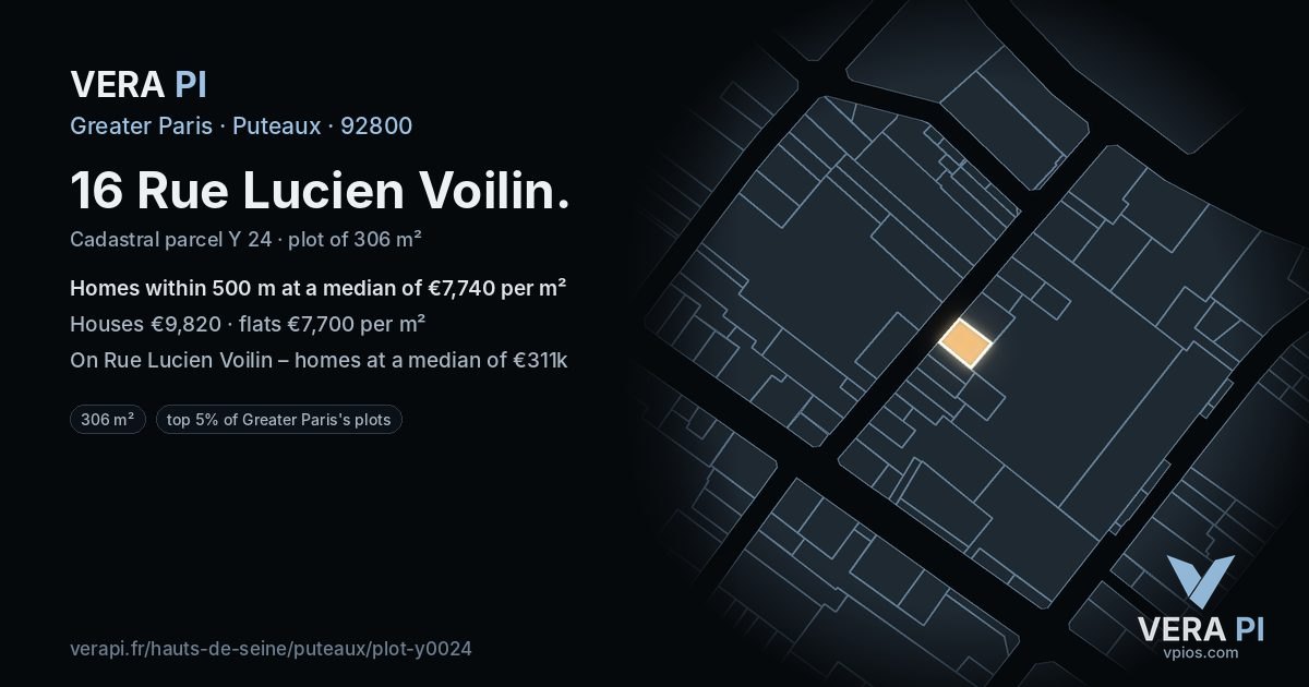 16 Rue Lucien Voilin, Puteaux at night – the plot lit, the parcels around coloured by the prices near them