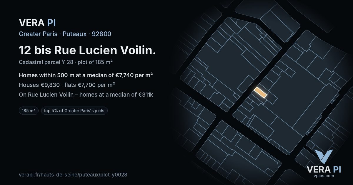 12 bis Rue Lucien Voilin, Puteaux at night – the plot lit, the parcels around coloured by the prices near them
