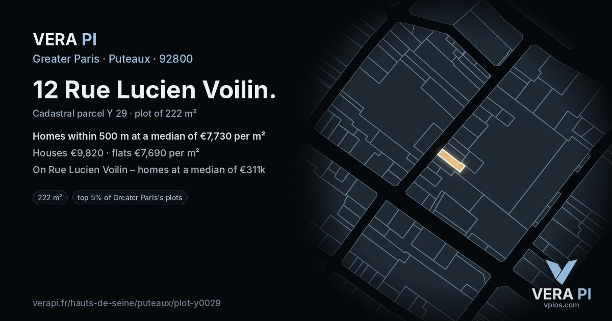 12 Rue Lucien Voilin, Puteaux at night – the plot lit, the parcels around coloured by the prices near them