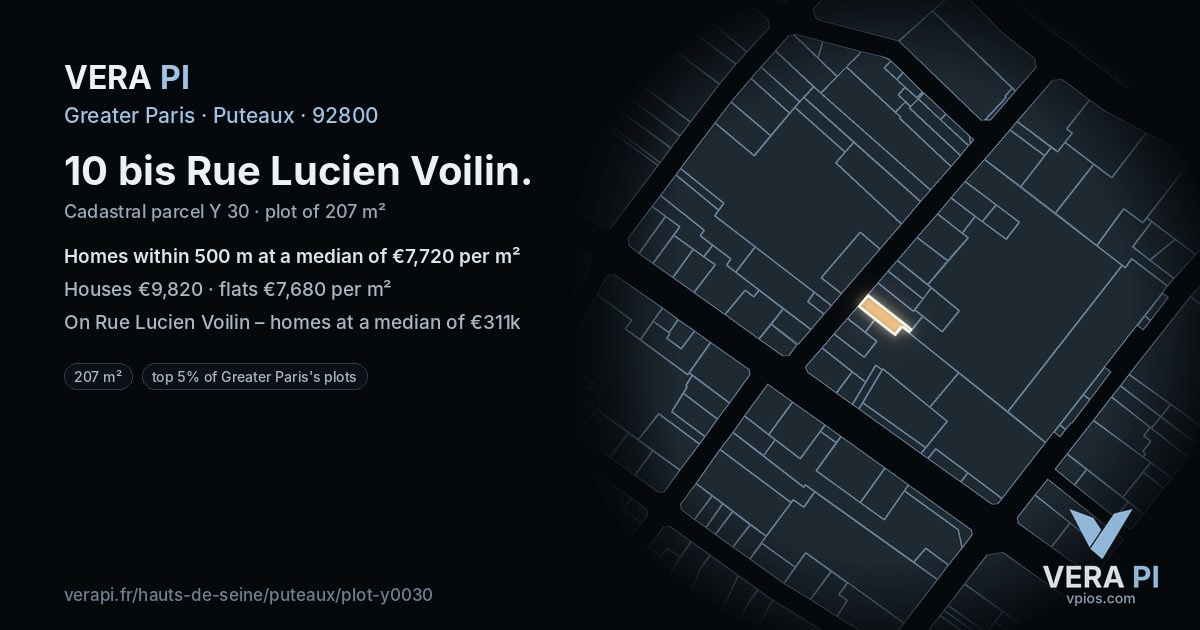 10 bis Rue Lucien Voilin, Puteaux at night – the plot lit, the parcels around coloured by the prices near them