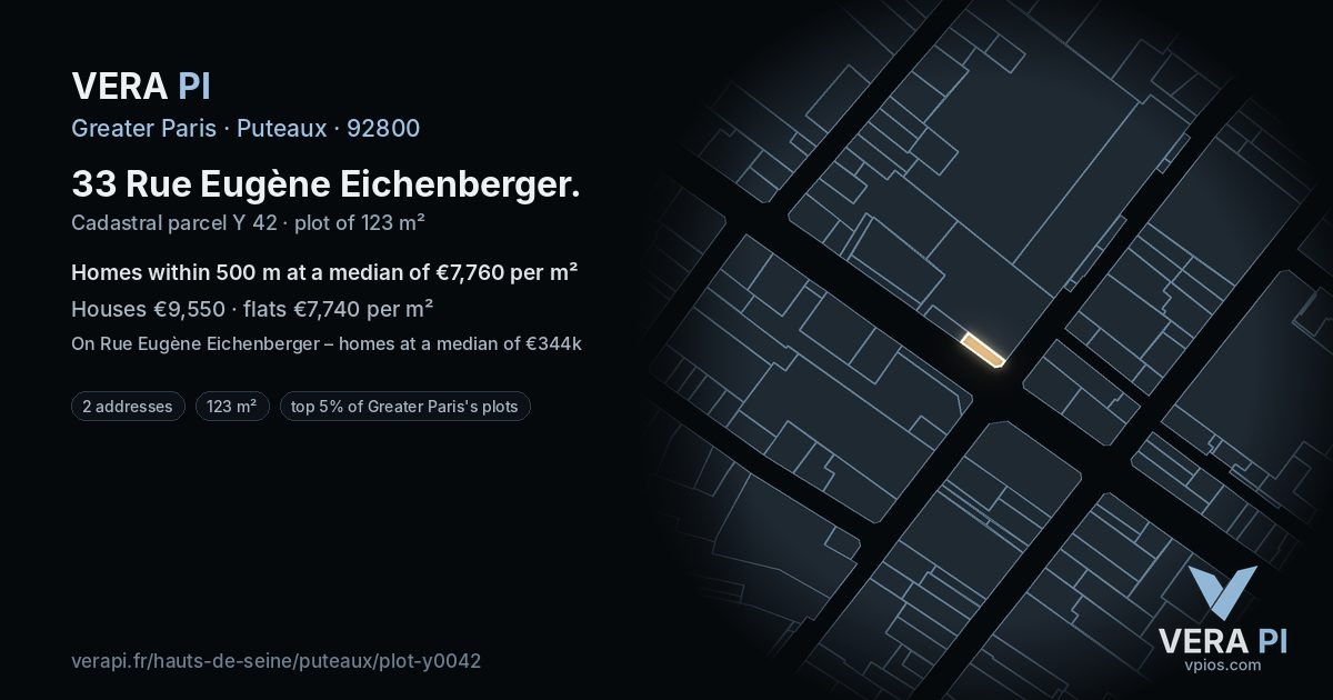 33 Rue Eugène Eichenberger, Puteaux at night – the plot lit, the parcels around coloured by the prices near them
