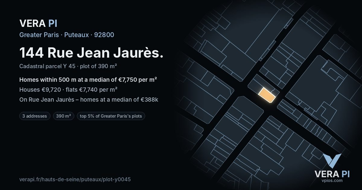144 Rue Jean Jaurès, Puteaux at night – the plot lit, the parcels around coloured by the prices near them