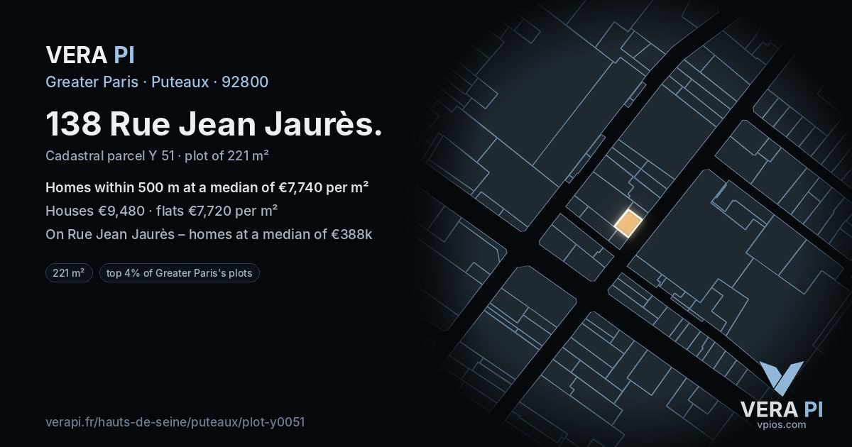 138 Rue Jean Jaurès, Puteaux at night – the plot lit, the parcels around coloured by the prices near them