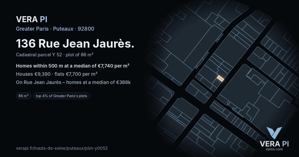 136 Rue Jean Jaurès, Puteaux at night – the plot lit, the parcels around coloured by the prices near them
