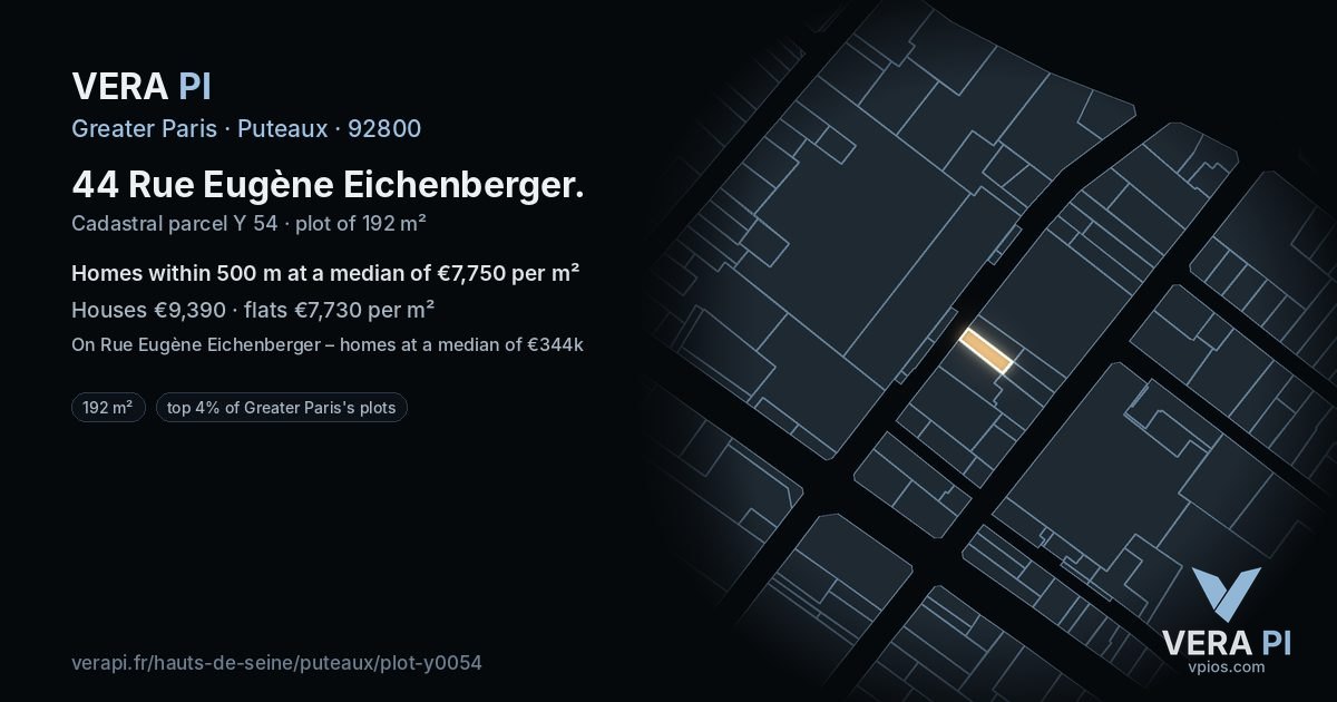 44 Rue Eugène Eichenberger, Puteaux at night – the plot lit, the parcels around coloured by the prices near them