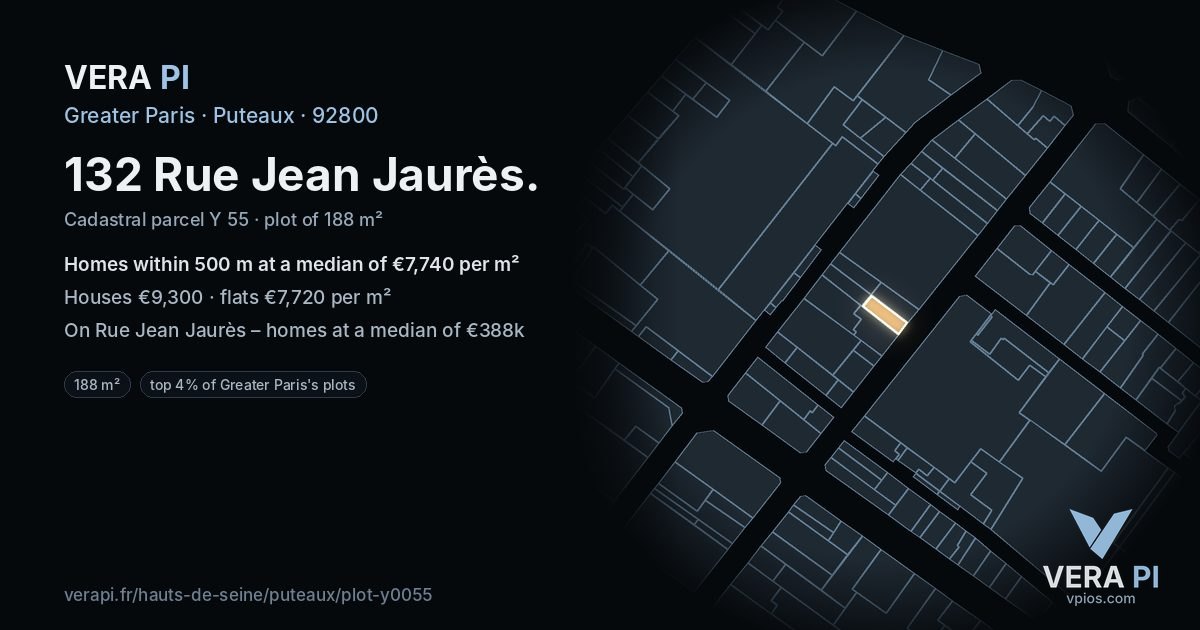 132 Rue Jean Jaurès, Puteaux at night – the plot lit, the parcels around coloured by the prices near them