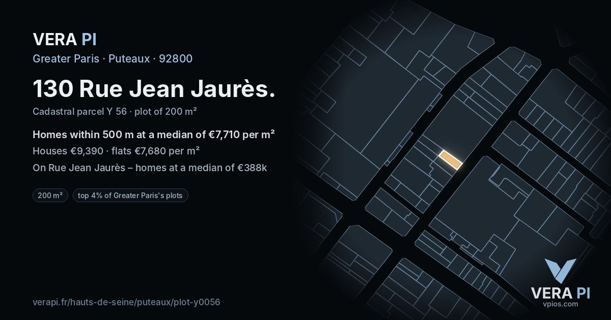 130 Rue Jean Jaurès, Puteaux at night – the plot lit, the parcels around coloured by the prices near them