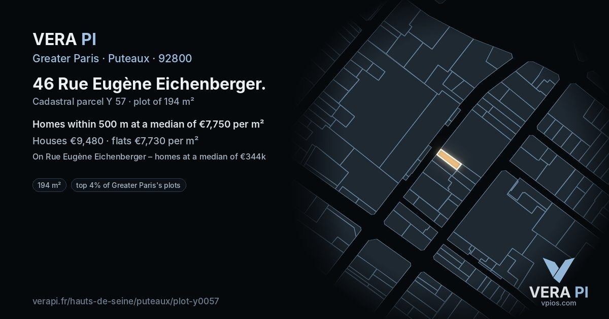 46 Rue Eugène Eichenberger, Puteaux at night – the plot lit, the parcels around coloured by the prices near them