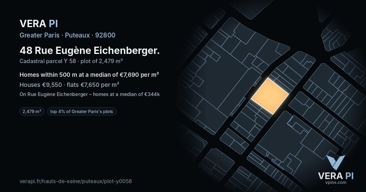 48 Rue Eugène Eichenberger, Puteaux at night – the plot lit, the parcels around coloured by the prices near them