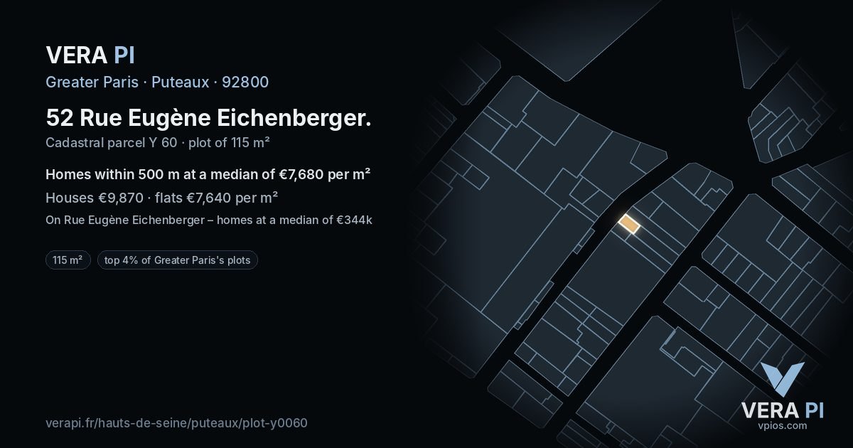 52 Rue Eugène Eichenberger, Puteaux at night – the plot lit, the parcels around coloured by the prices near them