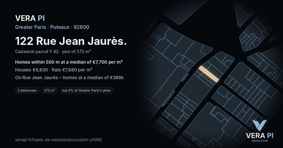 122 Rue Jean Jaurès, Puteaux at night – the plot lit, the parcels around coloured by the prices near them